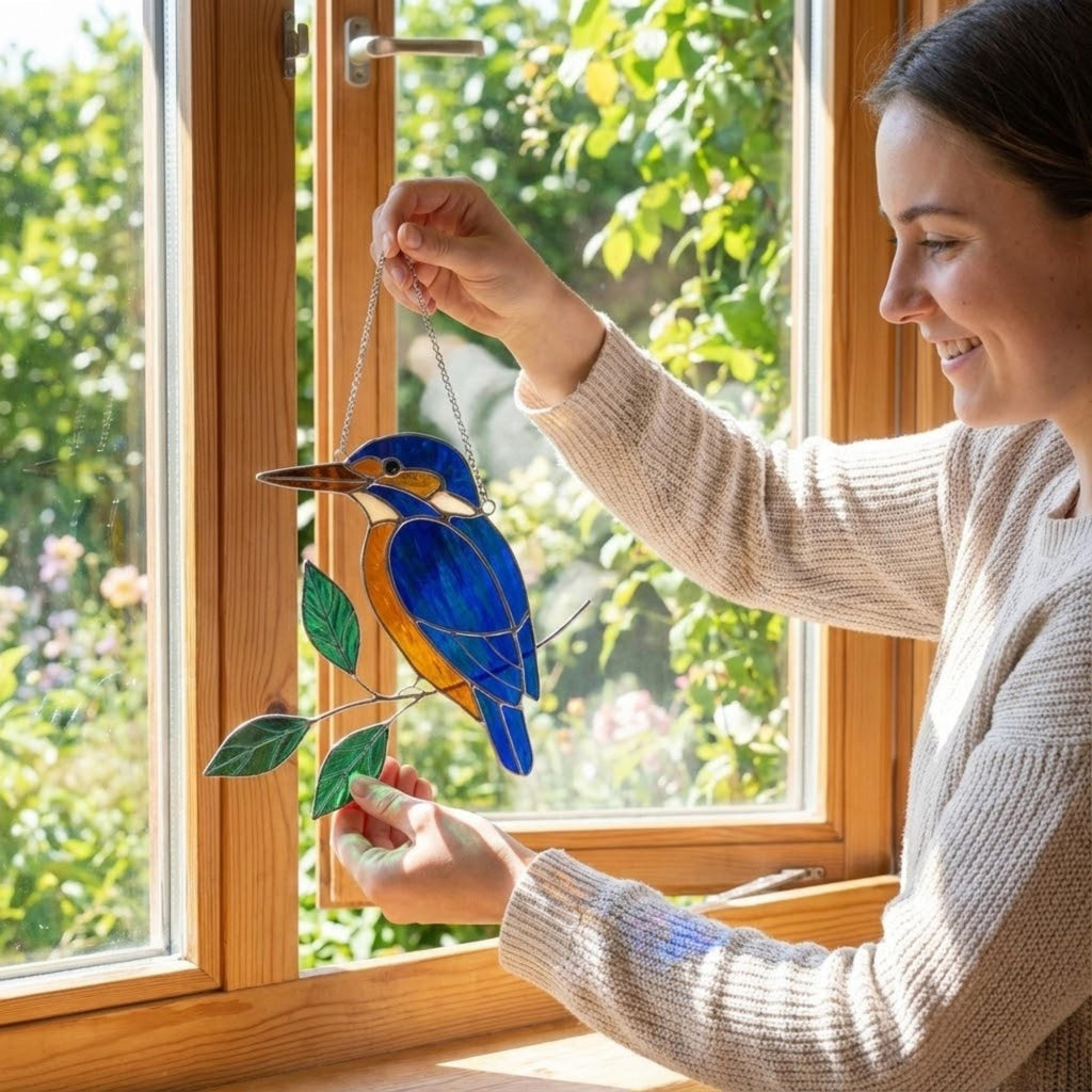 Vibrant stained glass Kingfisher bird suncatcher with blue wings and orange chest perched on a branch, displayed as window hanging or table decor.