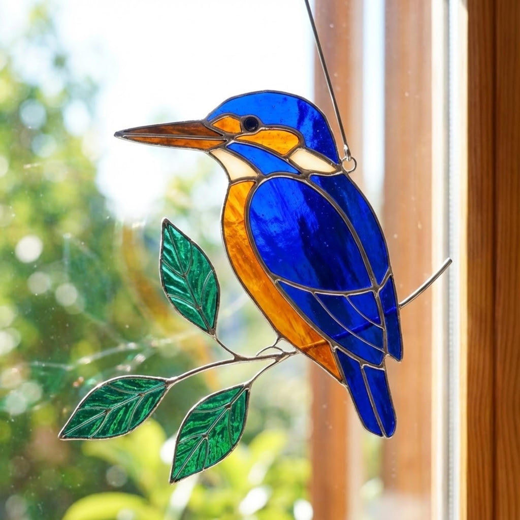 Vibrant stained glass Kingfisher bird suncatcher with blue wings and orange chest perched on a branch, displayed as window hanging or table decor.