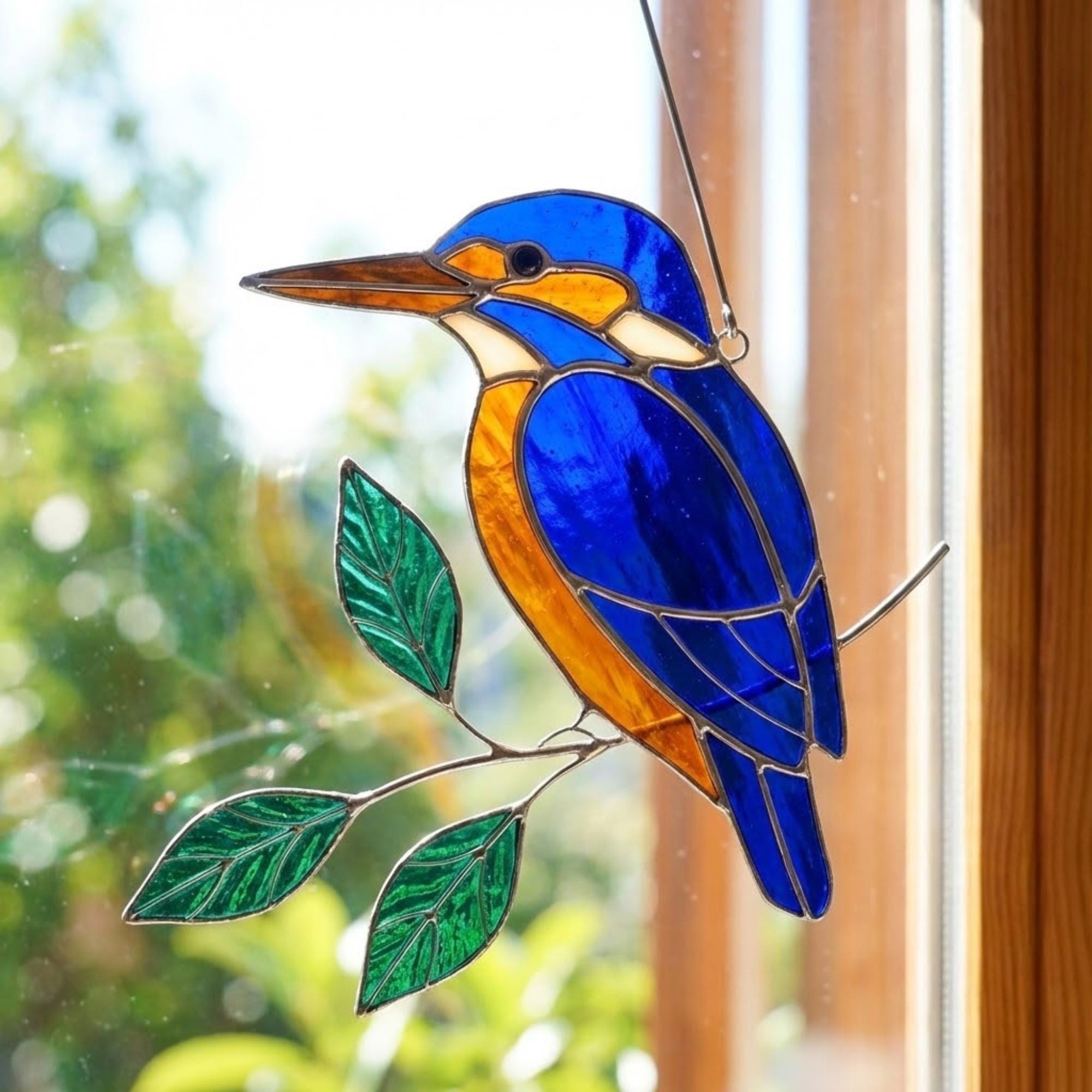 Vibrant stained glass Kingfisher bird suncatcher with blue wings and orange chest perched on a branch, displayed as window hanging or table decor.
