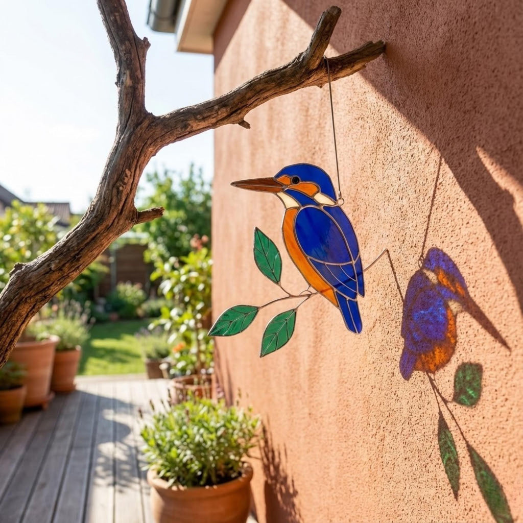 Vibrant stained glass Kingfisher bird suncatcher with blue wings and orange chest perched on a branch, displayed as window hanging or table decor.