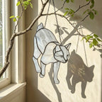 Stained glass Tuxedo cat suncatcher in black and white, available in funny lounging and sitting poses, window hanging or wood stand decor.
