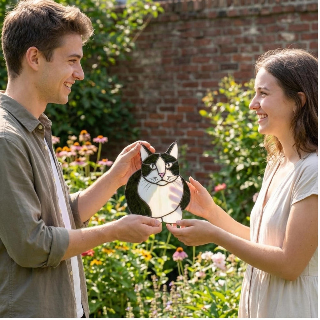 Stained glass Tuxedo cat suncatcher in black and white, available in funny lounging and sitting poses, window hanging or wood stand decor.