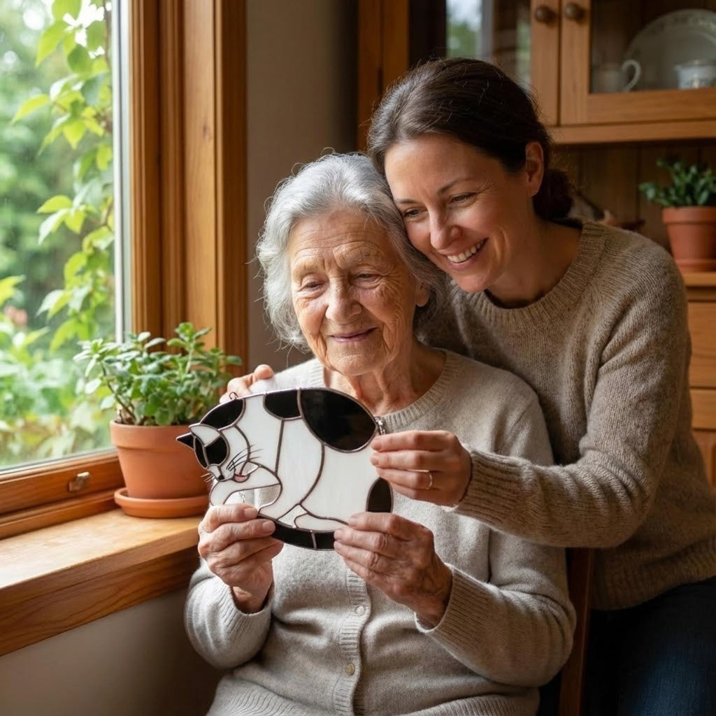 Stained glass Tuxedo cat suncatcher in black and white, available in funny lounging and sitting poses, window hanging or wood stand decor.