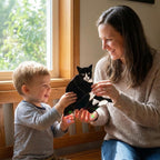 Stained glass Tuxedo cat suncatcher in black and white, available in funny lounging and sitting poses, window hanging or wood stand decor.