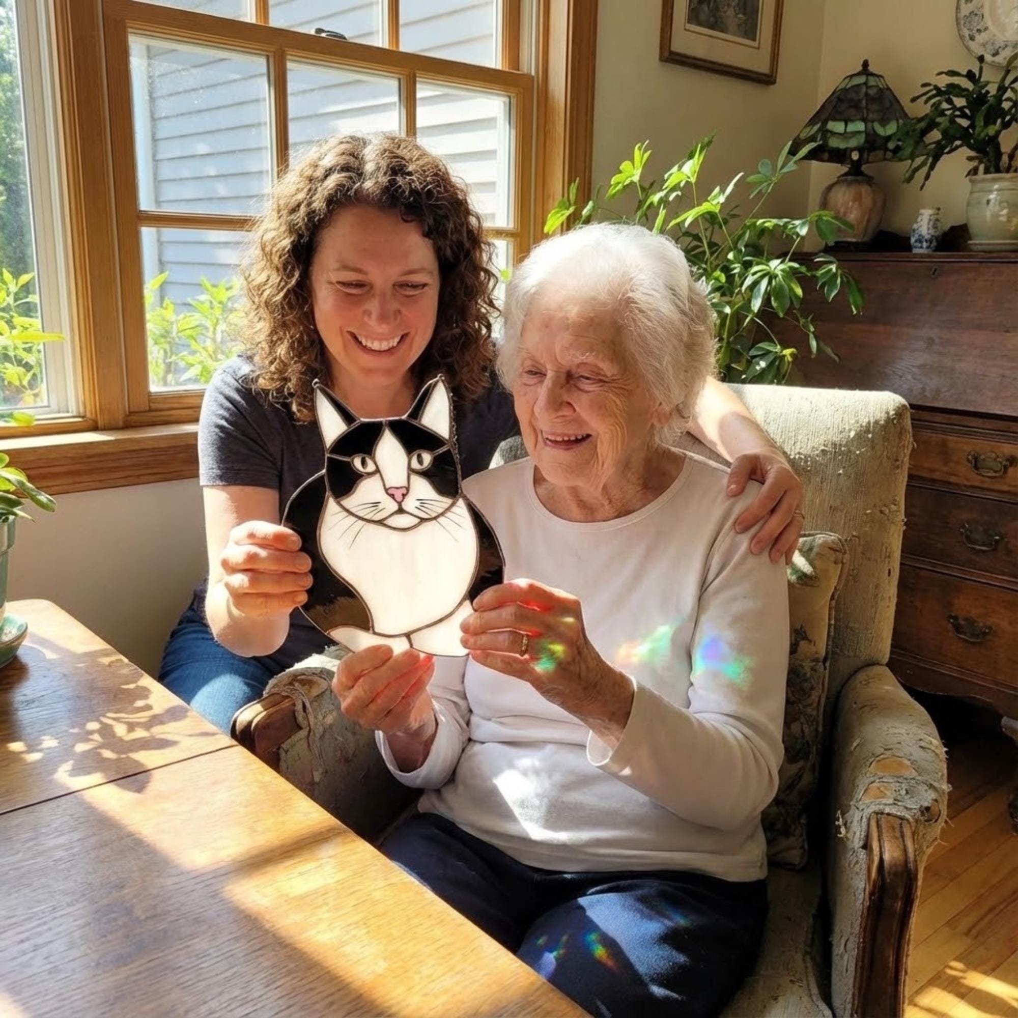 Stained glass Tuxedo cat suncatcher in black and white, available in funny lounging and sitting poses, window hanging or wood stand decor.