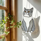 Stained glass Tuxedo cat suncatcher in black and white, available in funny lounging and sitting poses, window hanging or wood stand decor.