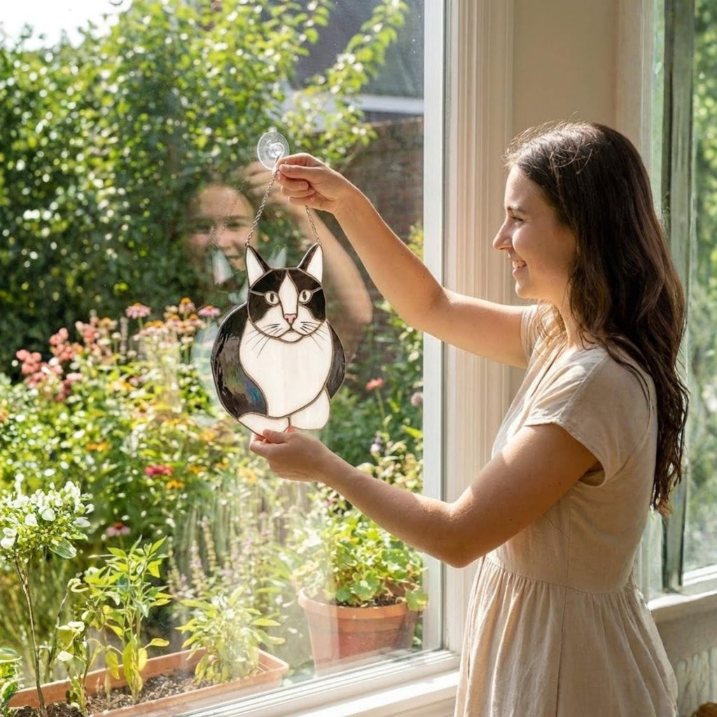 Stained glass Tuxedo cat suncatcher in black and white, available in funny lounging and sitting poses, window hanging or wood stand decor.