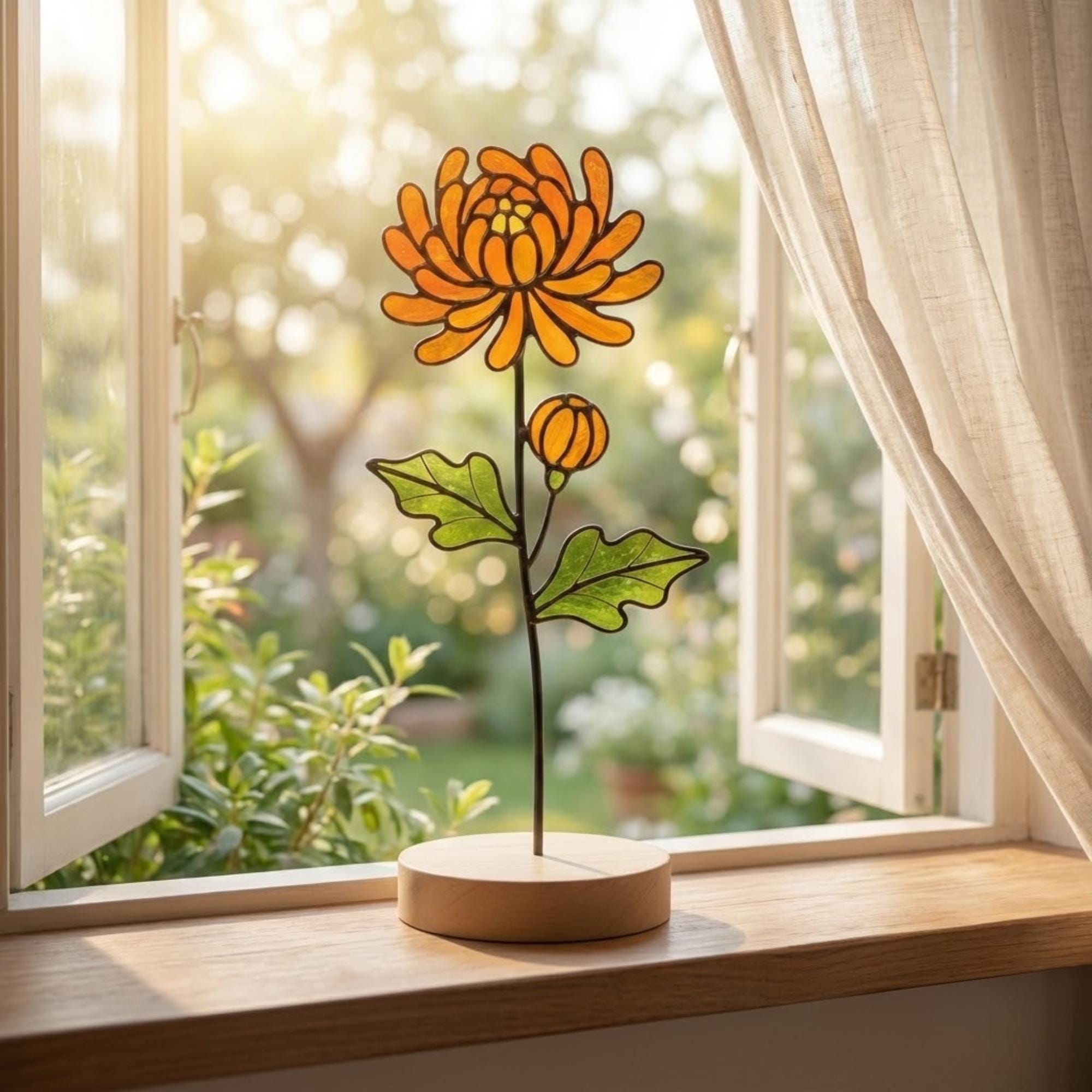 Stained glass birth month flower standing on wood base, personalized gift for mom, available in 12 monthly floral designs like rose iris and daffodil.