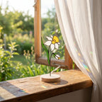Stained glass birth month flower standing on wood base, personalized gift for mom, available in 12 monthly floral designs like rose iris and daffodil.