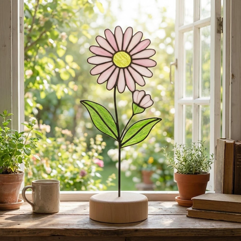 Stained glass birth month flower standing on wood base, personalized gift for mom, available in 12 monthly floral designs like rose iris and daffodil.