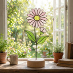 Stained glass birth month flower standing on wood base, personalized gift for mom, available in 12 monthly floral designs like rose iris and daffodil.