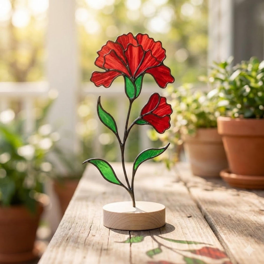 Stained glass birth month flower standing on wood base, personalized gift for mom, available in 12 monthly floral designs like rose iris and daffodil.