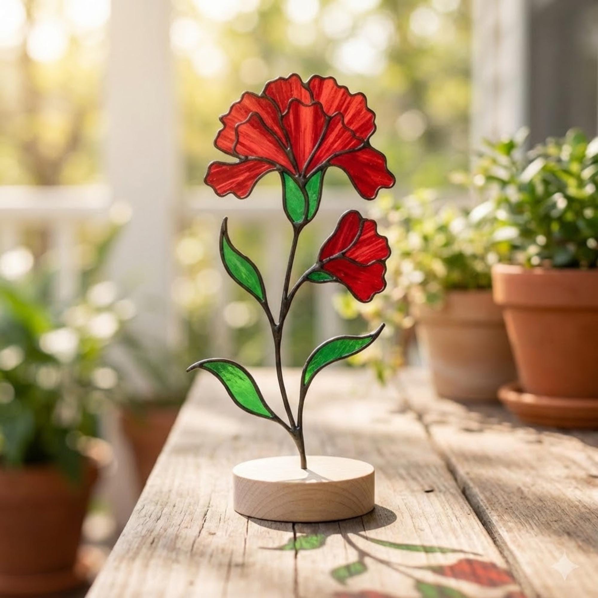 Stained glass birth month flower standing on wood base, personalized gift for mom, available in 12 monthly floral designs like rose iris and daffodil.