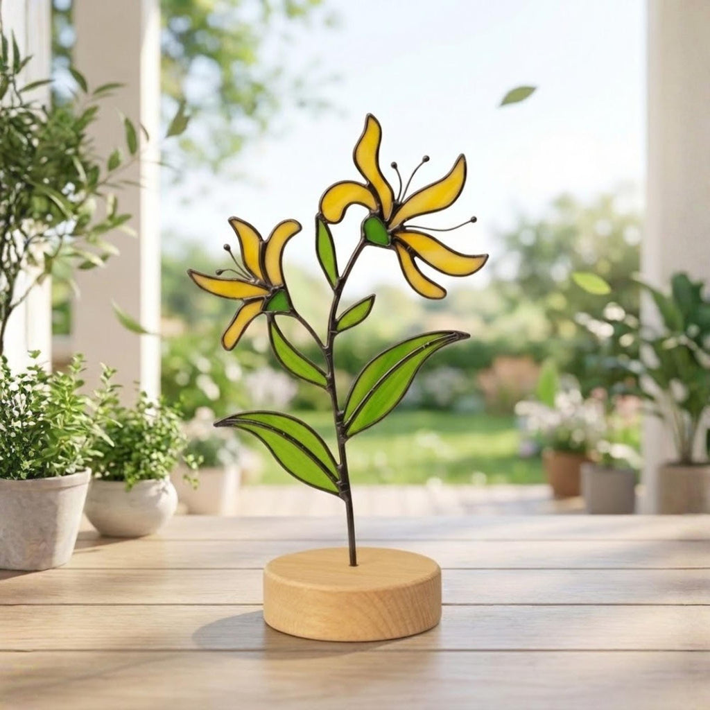 Stained glass birth month flower standing on wood base, personalized gift for mom, available in 12 monthly floral designs like rose iris and daffodil.