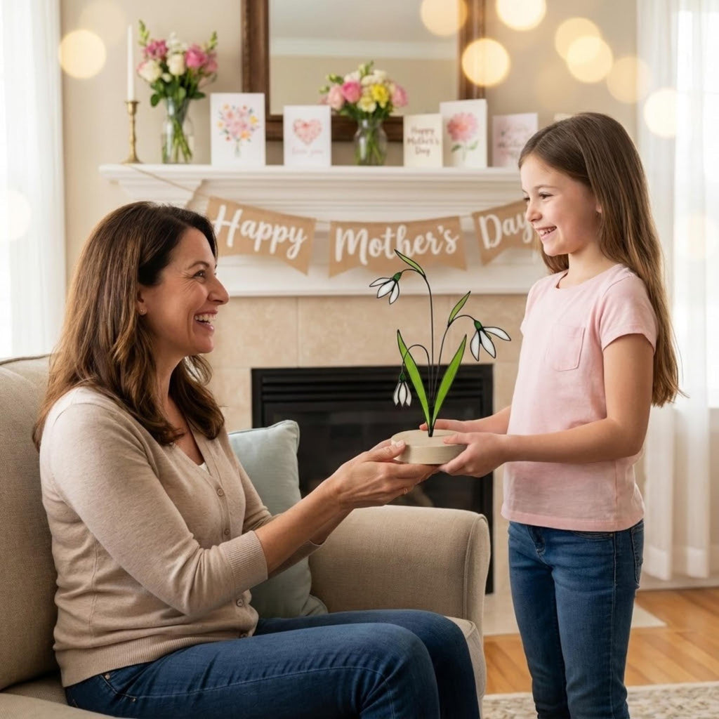 Stained glass birth month flower standing on wood base, personalized gift for mom, available in 12 monthly floral designs like rose iris and daffodil.