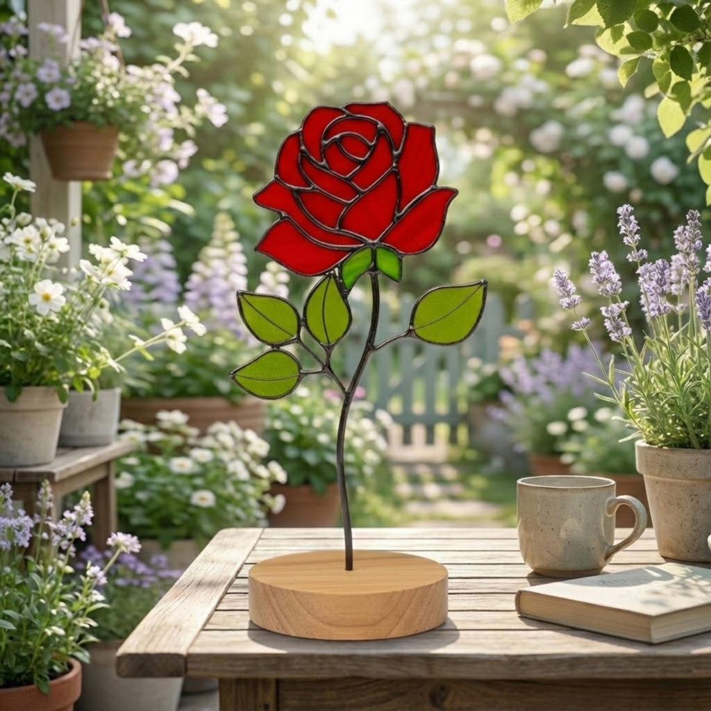 Stained glass birth month flower standing on wood base, personalized gift for mom, available in 12 monthly floral designs like rose iris and daffodil.