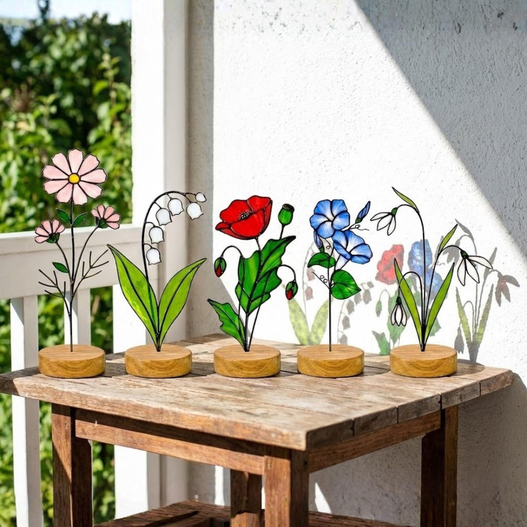 Stained glass birth month flower standing on wood base, personalized gift for mom, available in 12 monthly floral designs like rose iris and daffodil.