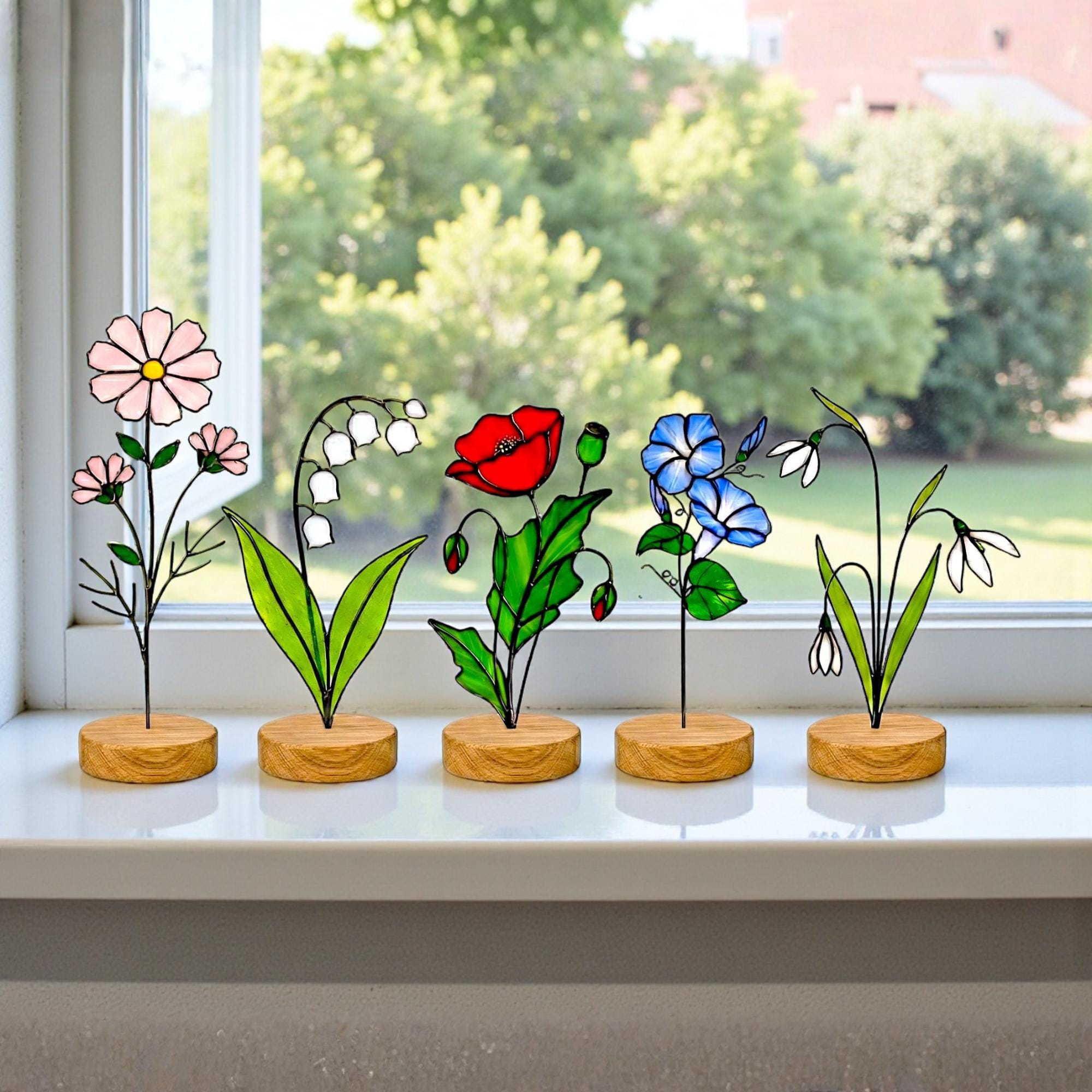 Stained glass birth month flower standing on wood base, personalized gift for mom, available in 12 monthly floral designs like rose iris and daffodil.