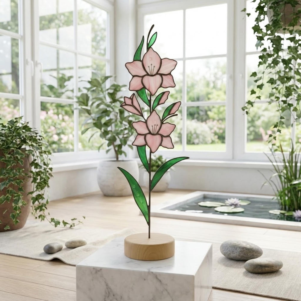 Stained glass birth month flower standing on wood base, personalized gift for mom, available in 12 monthly floral designs like rose iris and daffodil.