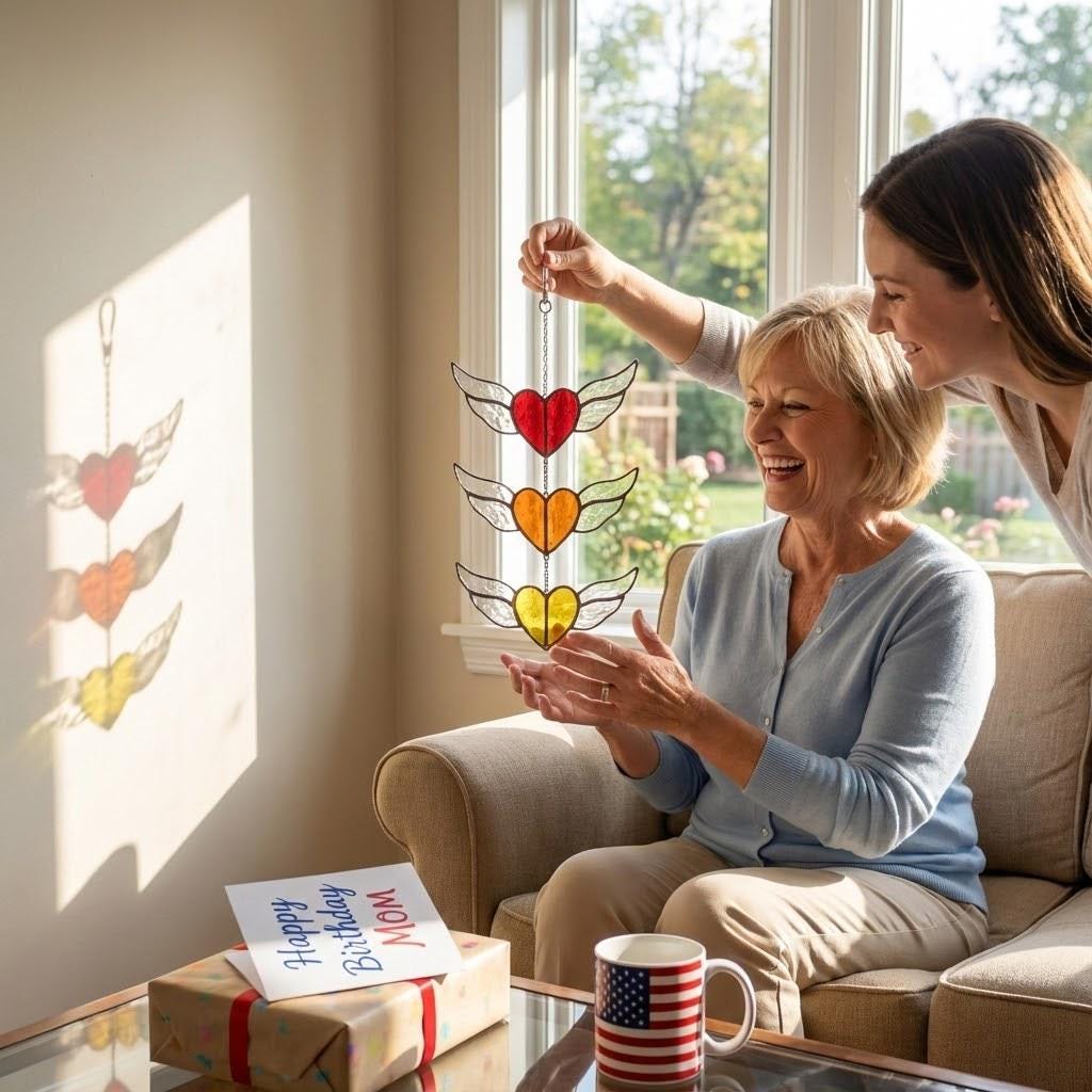 Stained glass heart suncatcher with angel wings in 7 chakra rainbow colors, hanging window decor for healing and valentine gift.