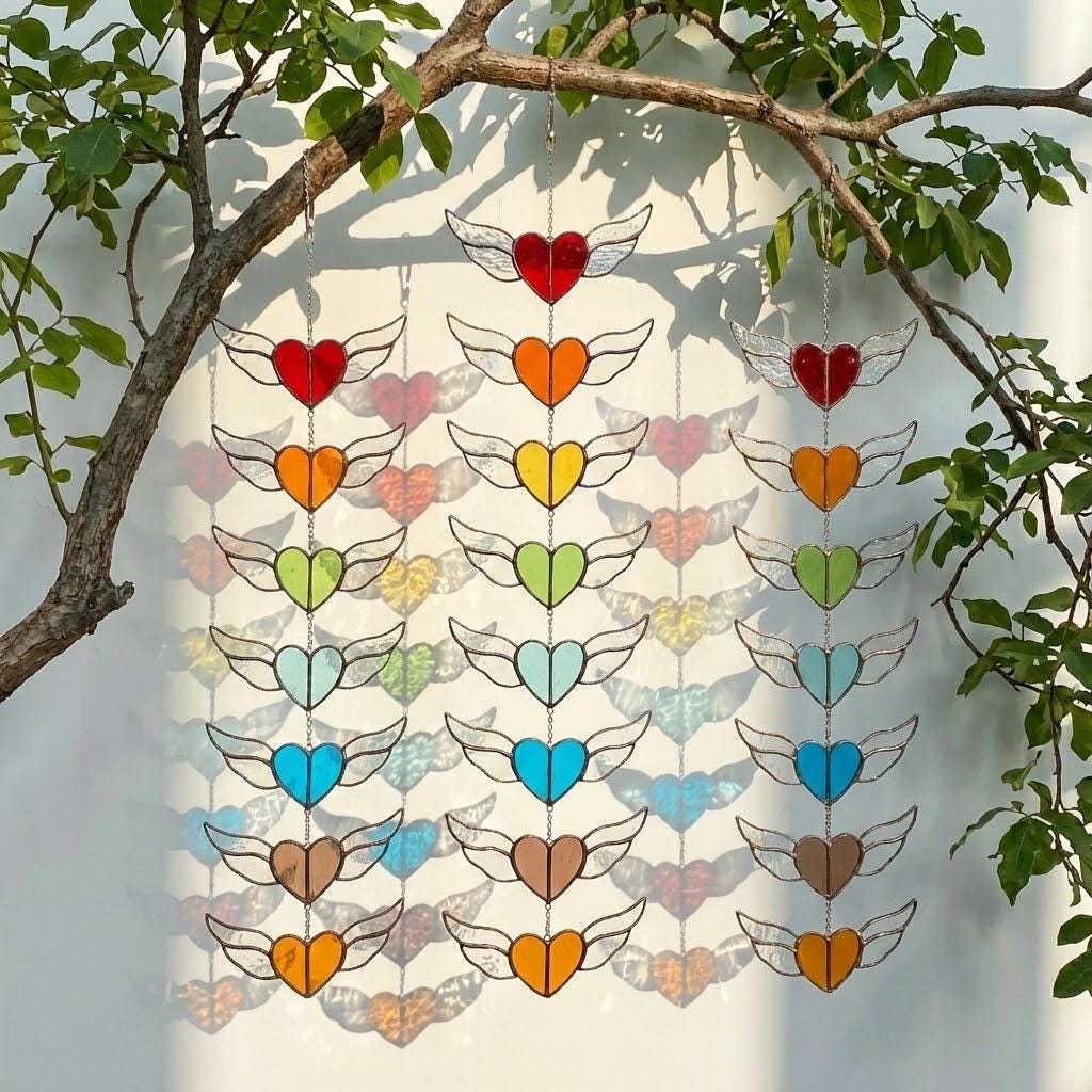 Stained glass heart suncatcher with angel wings in 7 chakra rainbow colors, hanging window decor for healing and valentine gift.