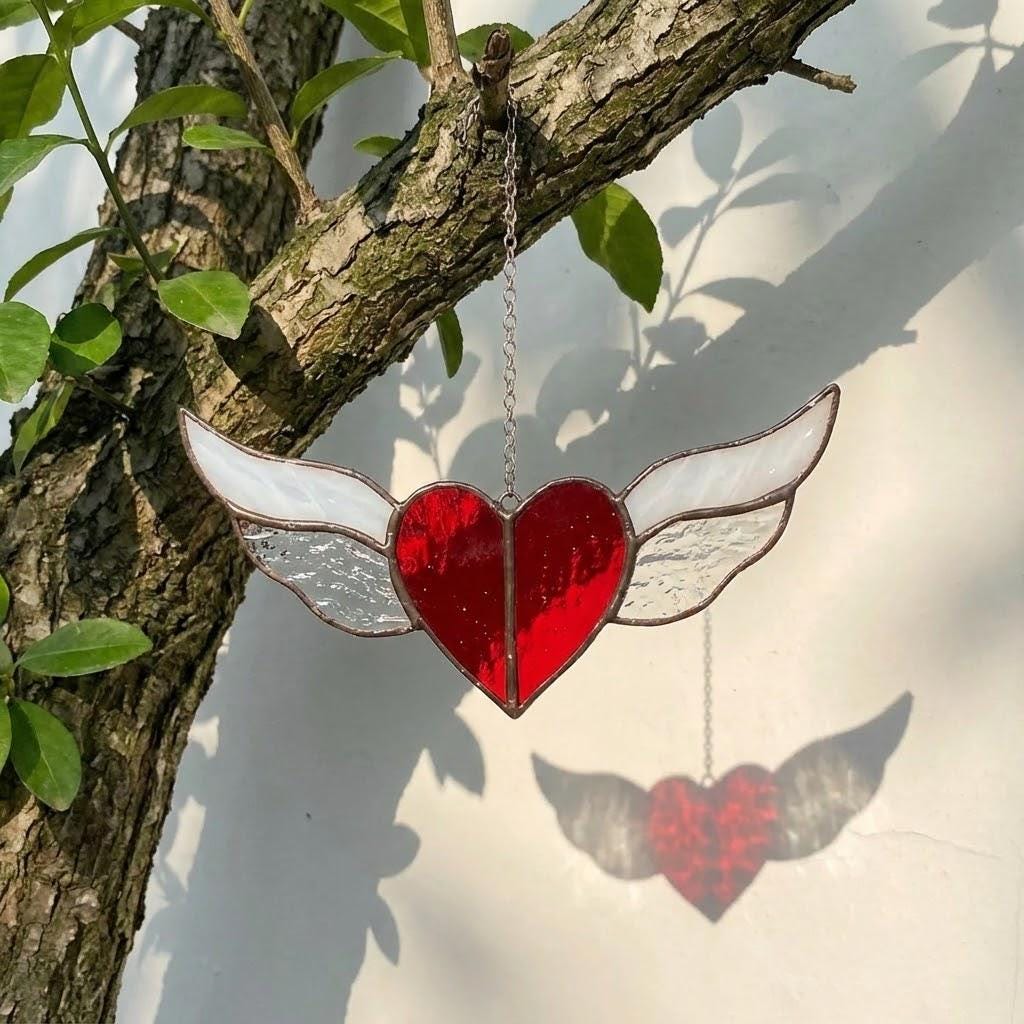 Stained glass heart suncatcher with angel wings in 7 chakra rainbow colors, hanging window decor for healing and valentine gift.