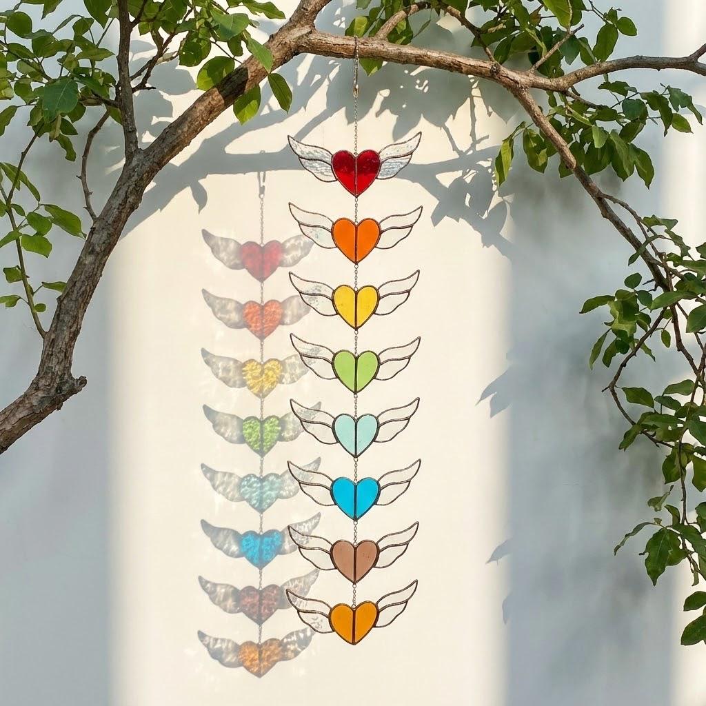 Stained glass heart suncatcher with angel wings in 7 chakra rainbow colors, hanging window decor for healing and valentine gift.