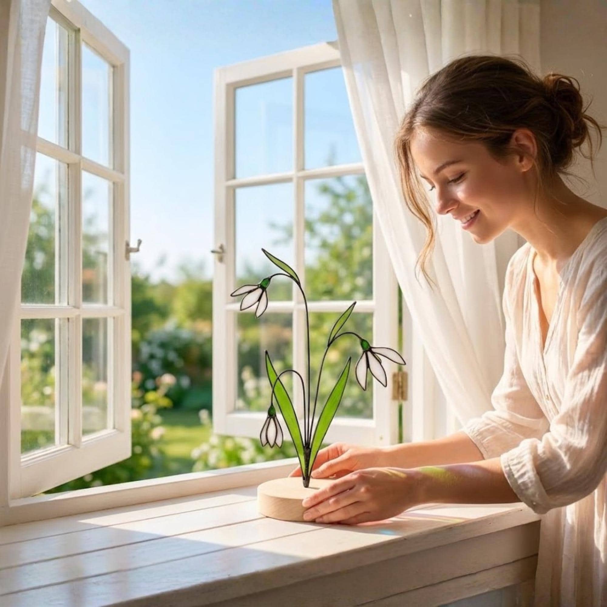 Stained glass snowdrop flower with white petals and green leaves, January birth month gift, available with personalized wood stand or as a single stem.