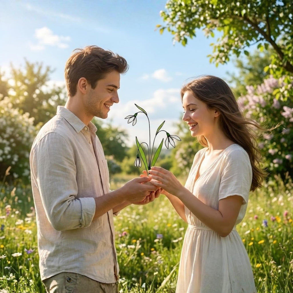 Stained glass snowdrop flower with white petals and green leaves, January birth month gift, available with personalized wood stand or as a single stem.