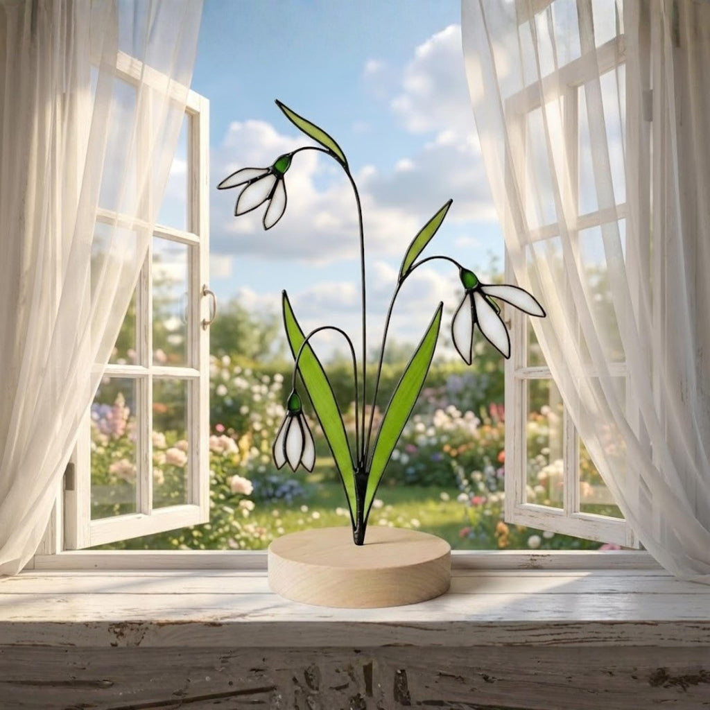 Stained glass snowdrop flower with white petals and green leaves, January birth month gift, available with personalized wood stand or as a single stem.
