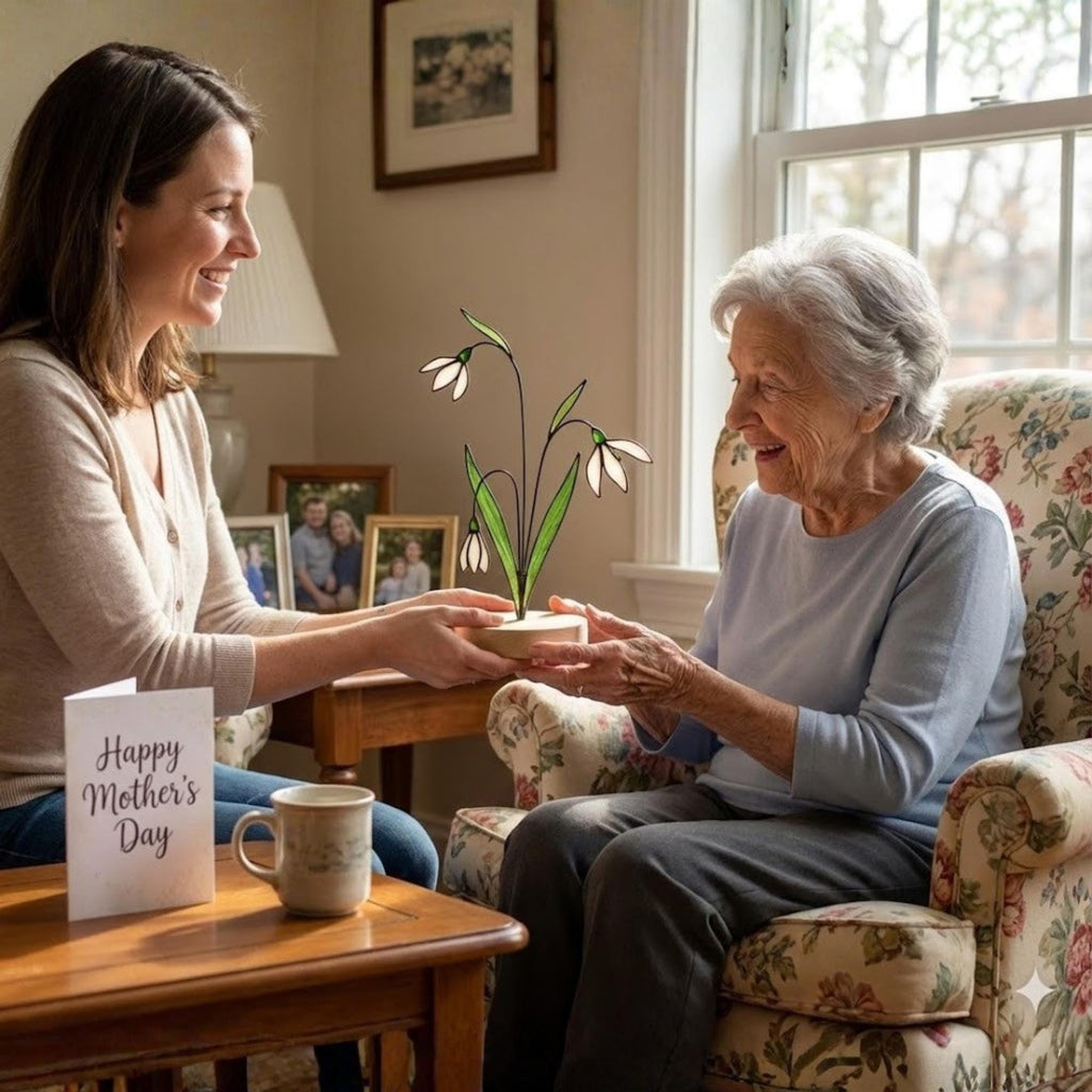 Stained glass snowdrop flower with white petals and green leaves, January birth month gift, available with personalized wood stand or as a single stem.