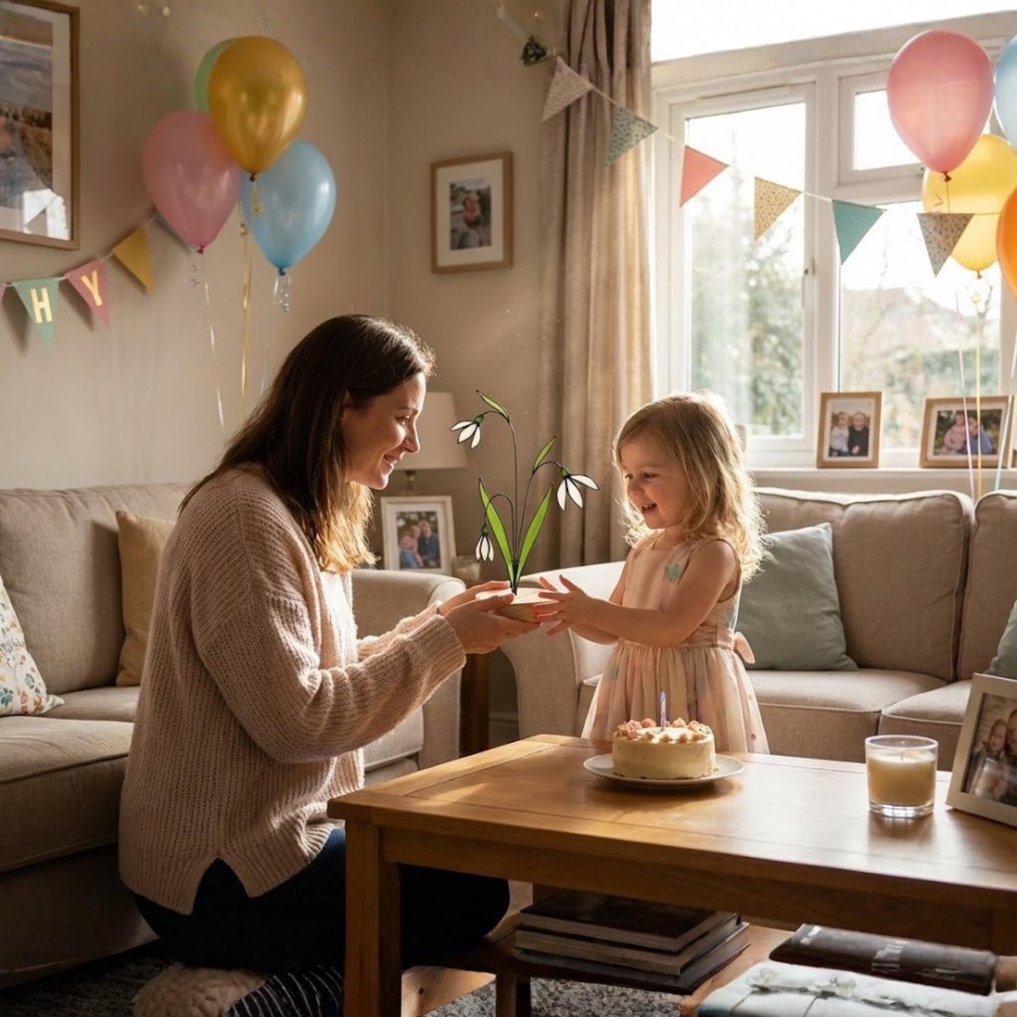Stained glass snowdrop flower with white petals and green leaves, January birth month gift, available with personalized wood stand or as a single stem.