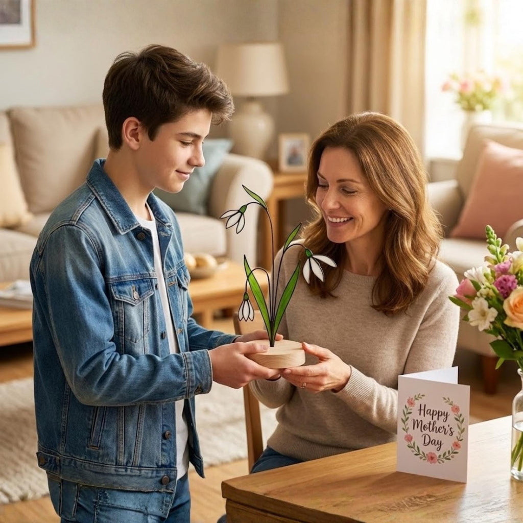 Stained glass snowdrop flower with white petals and green leaves, January birth month gift, available with personalized wood stand or as a single stem.