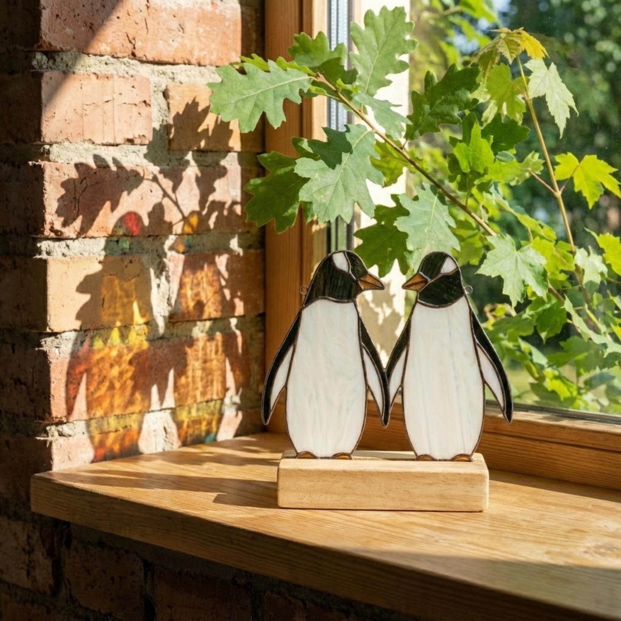 Stained glass penguin couple holding hands, romantic valentines day gift for her, cute animal suncatcher on wood stand.