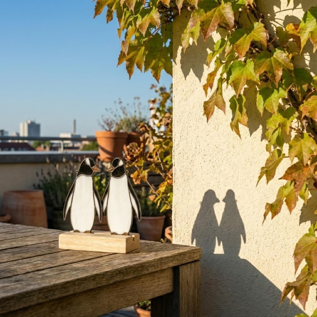 Stained glass penguin couple holding hands, romantic valentines day gift for her, cute animal suncatcher on wood stand.