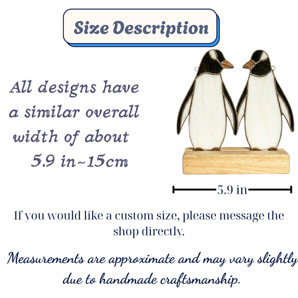 Stained glass penguin couple holding hands, romantic valentines day gift for her, cute animal suncatcher on wood stand.