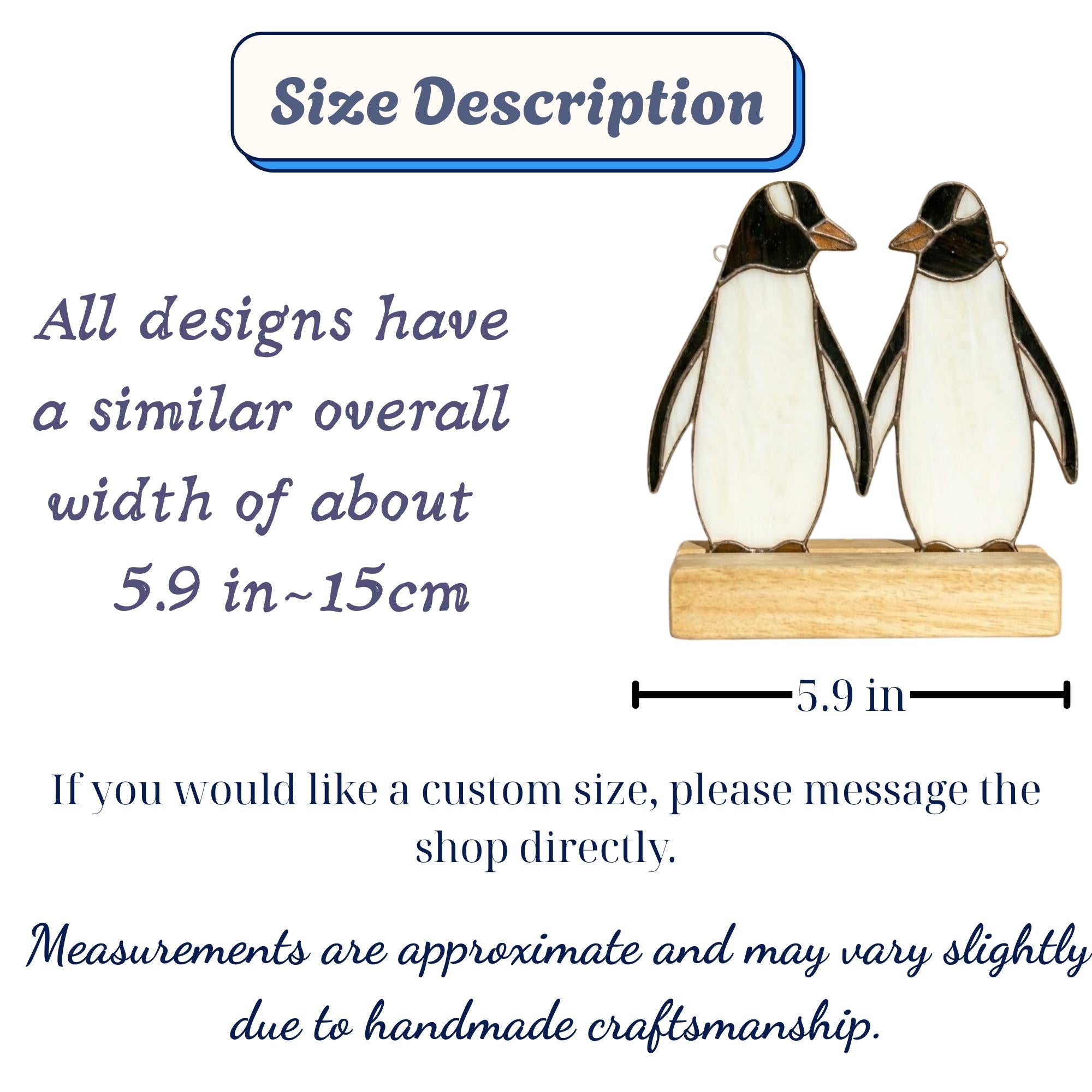 Stained glass penguin couple holding hands, romantic valentines day gift for her, cute animal suncatcher on wood stand.