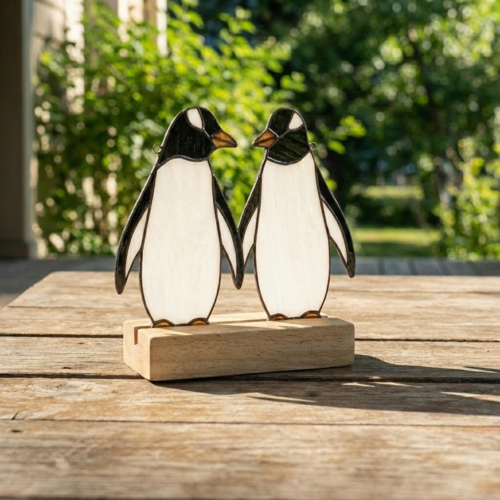 Stained glass penguin couple holding hands, romantic valentines day gift for her, cute animal suncatcher on wood stand.