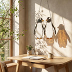 Stained glass penguin couple holding hands, romantic valentines day gift for her, cute animal suncatcher on wood stand.