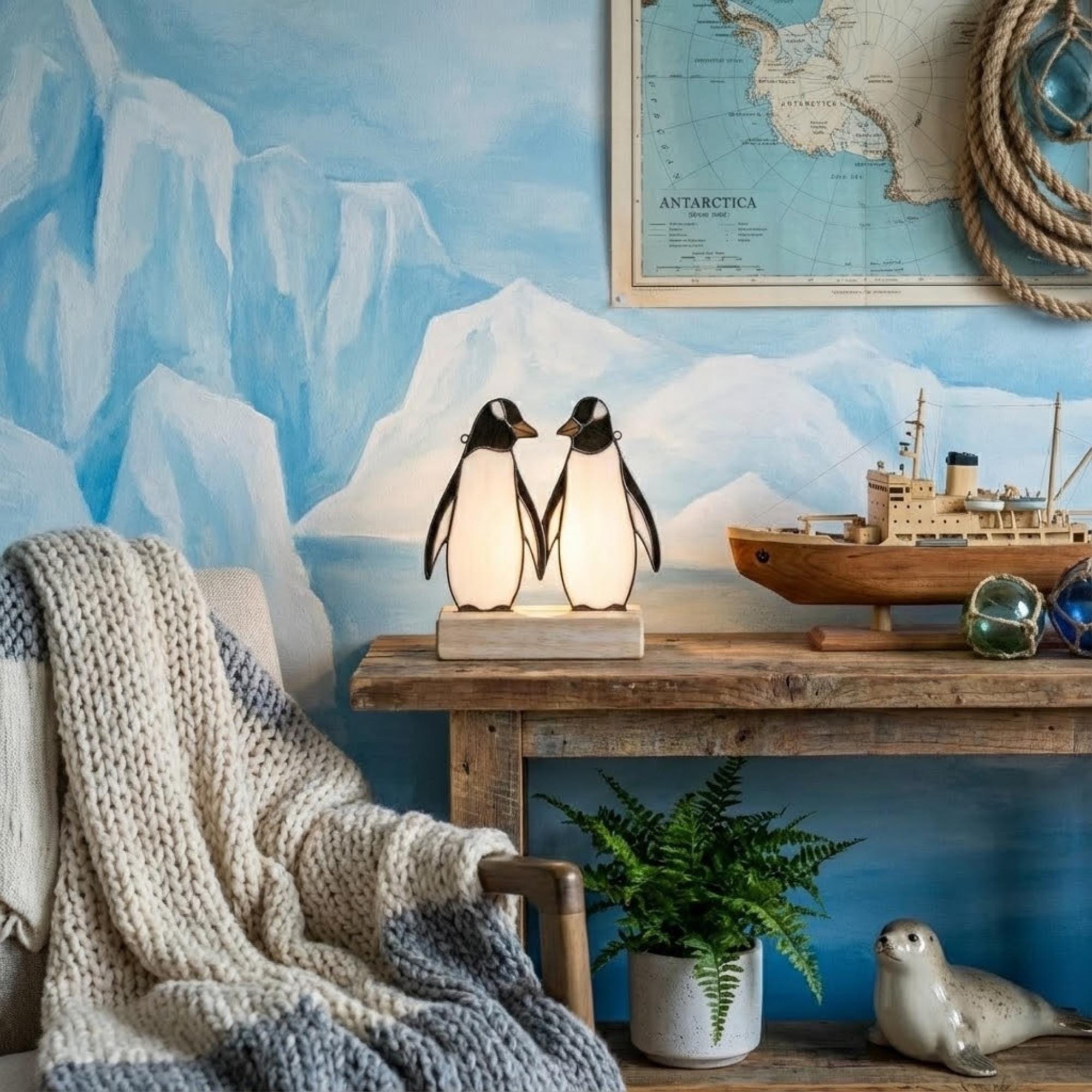 Stained glass penguin couple holding hands, romantic valentines day gift for her, cute animal suncatcher on wood stand.