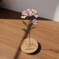 Stained glass pink carnation flower, January birth month gift, available with personalized wood stand or as a single stem for vase.