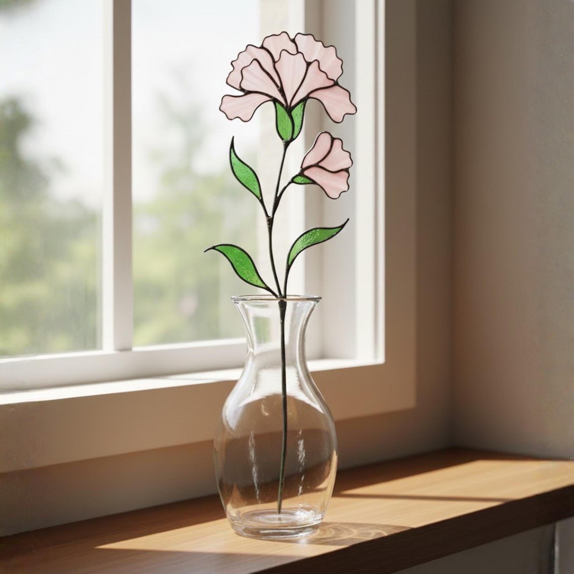 Stained glass pink carnation flower, January birth month gift, available with personalized wood stand or as a single stem for vase.