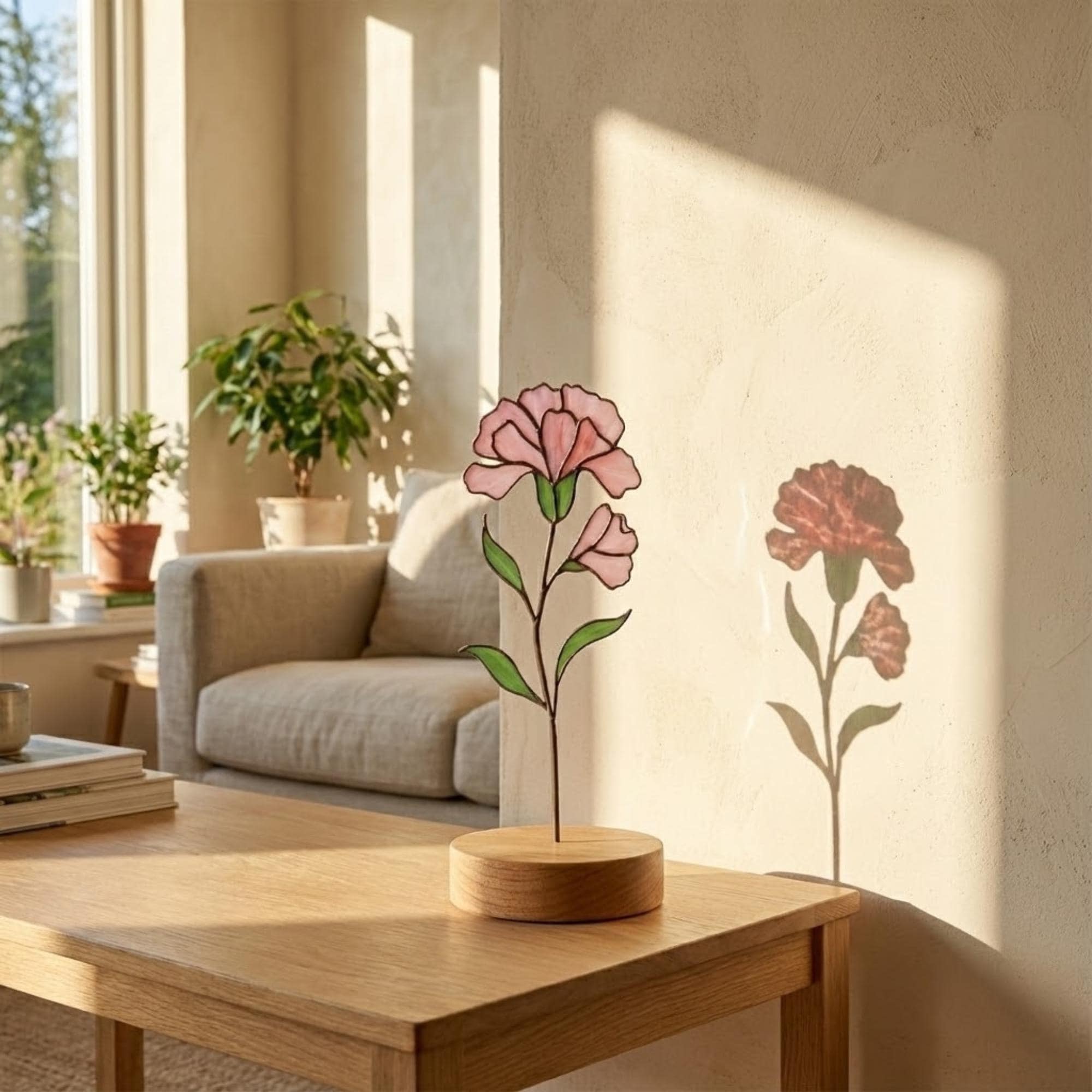 Stained glass pink carnation flower, January birth month gift, available with personalized wood stand or as a single stem for vase.