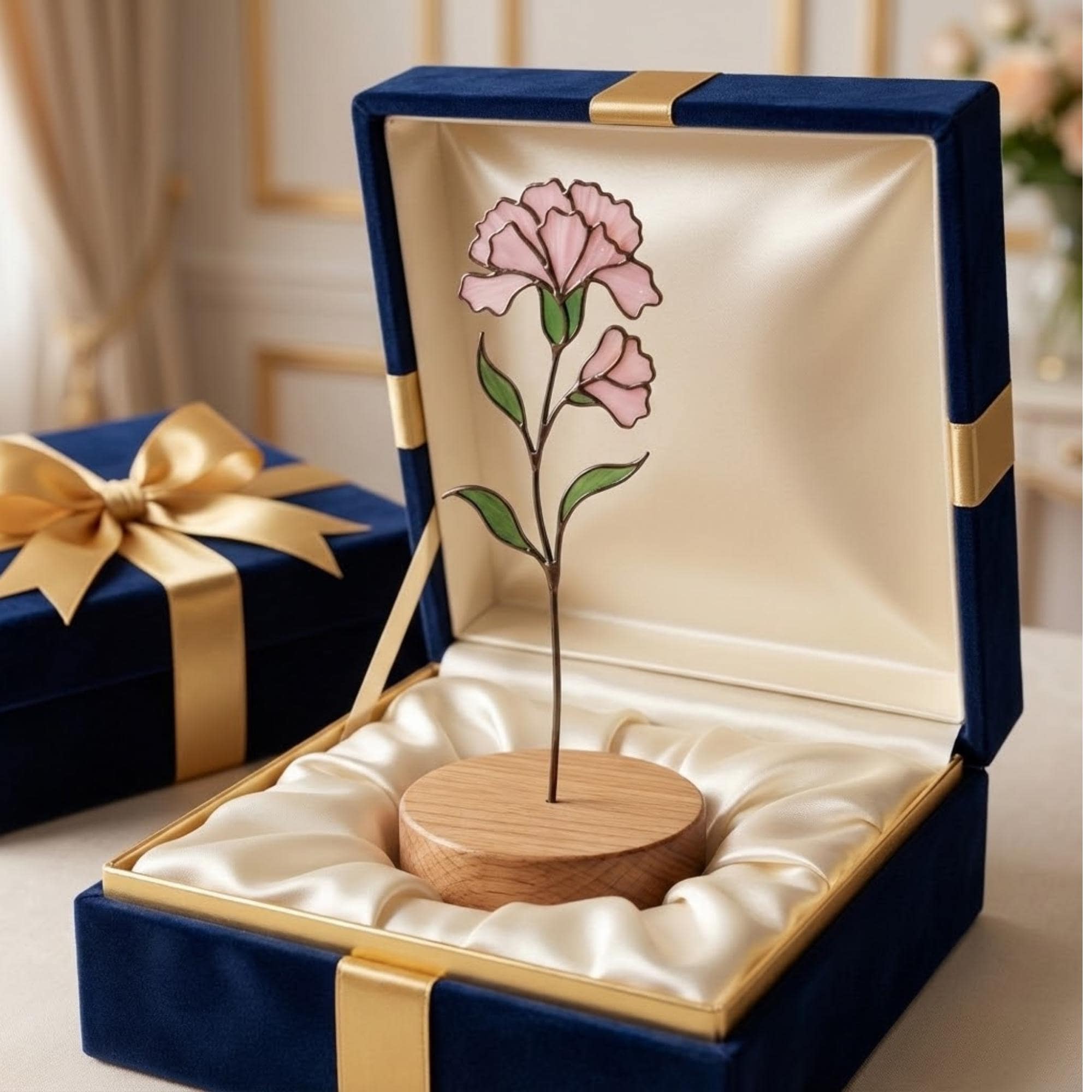 Stained glass pink carnation flower, January birth month gift, available with personalized wood stand or as a single stem for vase.