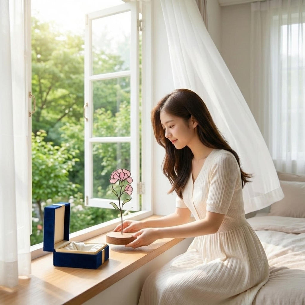 Stained glass pink carnation flower, January birth month gift, available with personalized wood stand or as a single stem for vase.