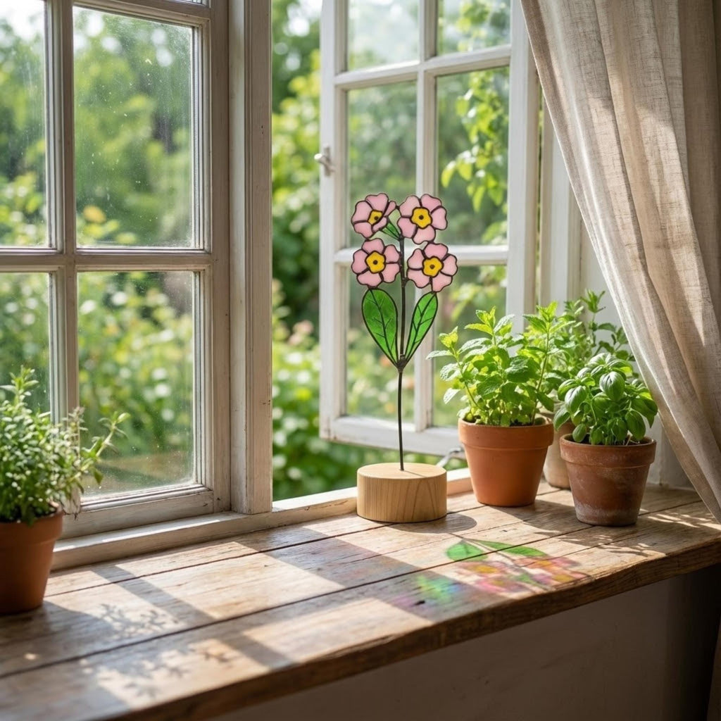 Stained glass pink primrose flower with yellow centers, February birth month gift, available with personalized wood stand or as a single stem.