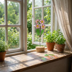 Stained glass pink primrose flower with yellow centers, February birth month gift, available with personalized wood stand or as a single stem.