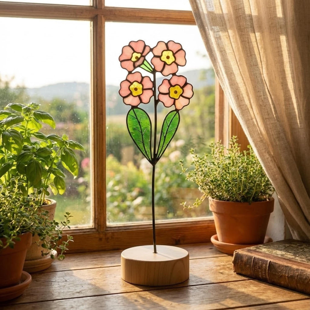 Stained glass pink primrose flower with yellow centers, February birth month gift, available with personalized wood stand or as a single stem.