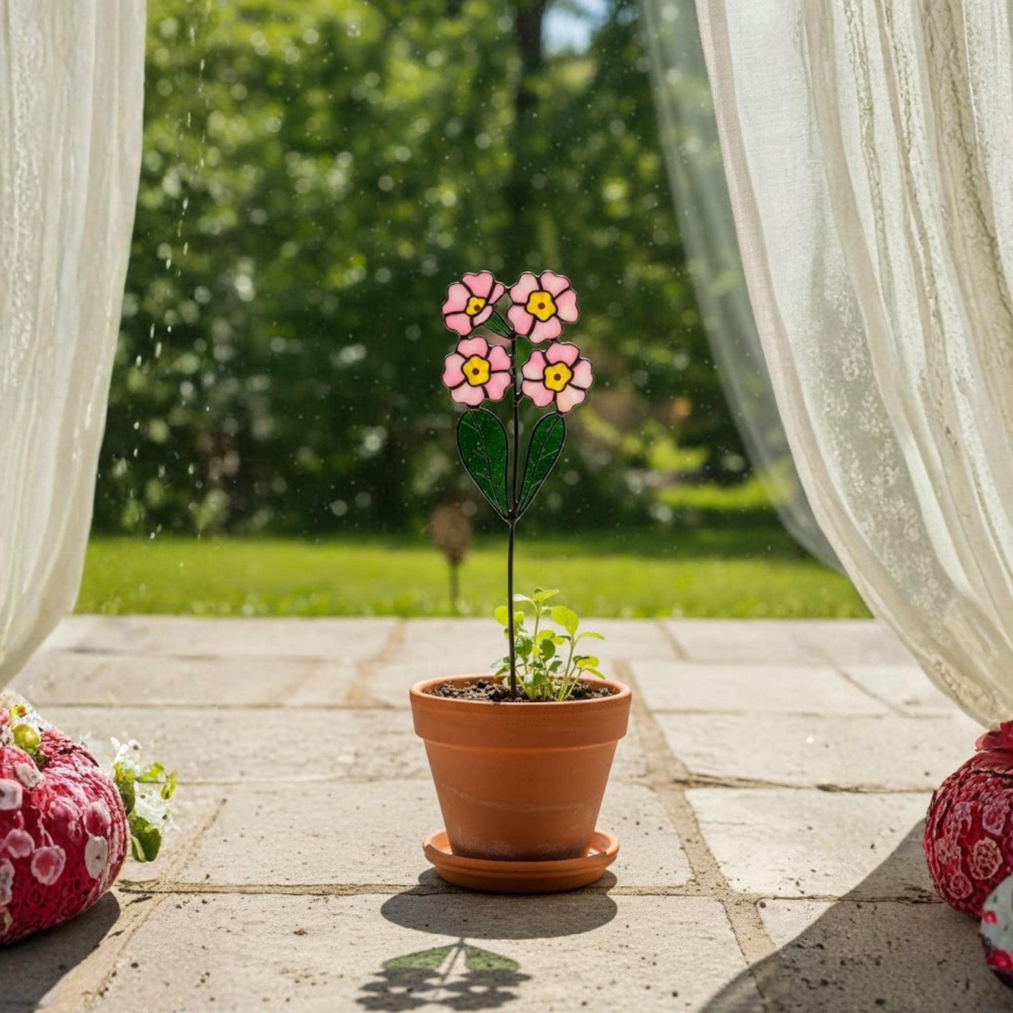 Stained glass pink primrose flower with yellow centers, February birth month gift, available with personalized wood stand or as a single stem.