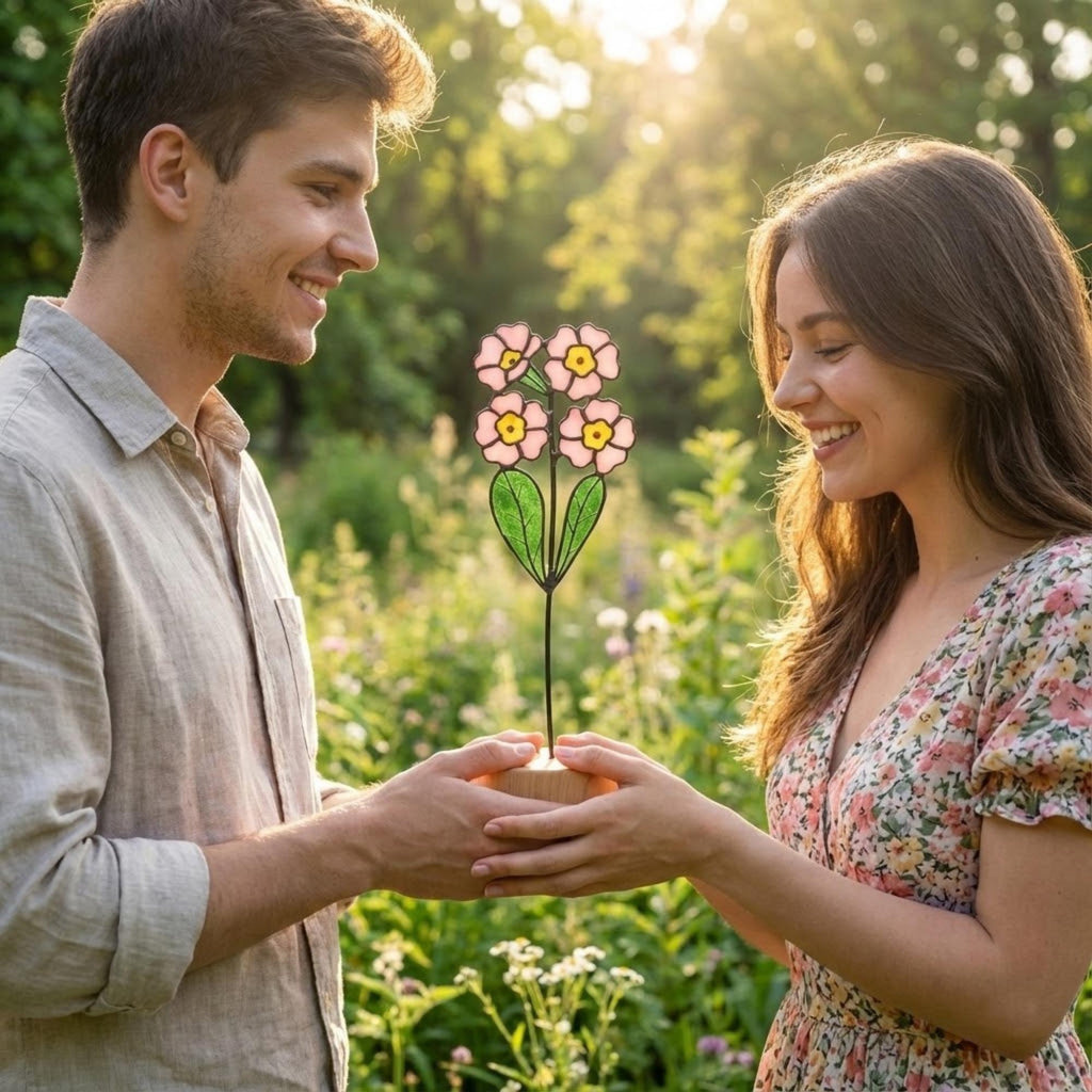 Stained glass pink primrose flower with yellow centers, February birth month gift, available with personalized wood stand or as a single stem.